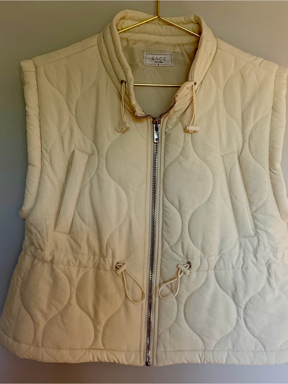 Sage Cream Quilted Sleeveless Vest with Drawcord Waist